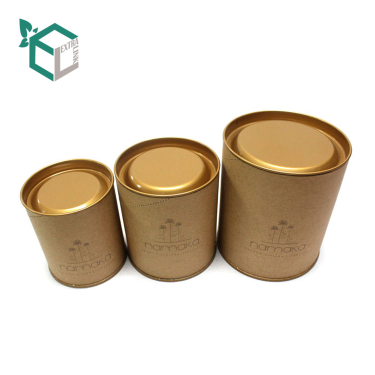High Quality Kraft Paper Metal Lid Custom Round Tea Box