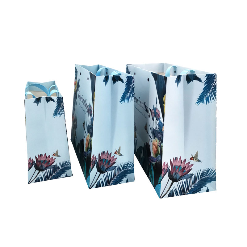 Elegant Flower Design Art Paper Packaging Blue Paper Bag For Shopping