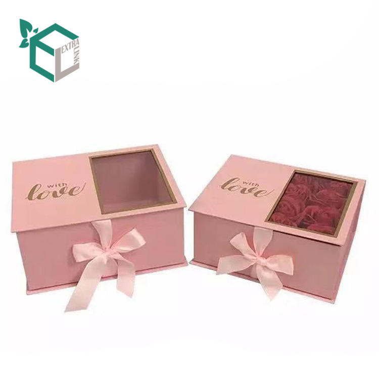 Ribbon & PVC Window Paper Gift Box With Magnet Closure For Flower