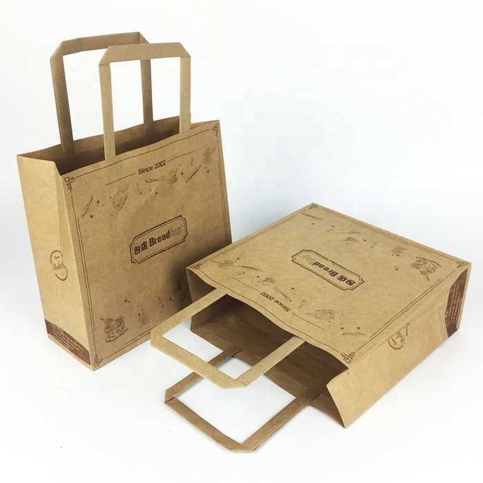 Food Bread Take Away Bag Restaurant Kraft Paper Bags With Die cut Handle