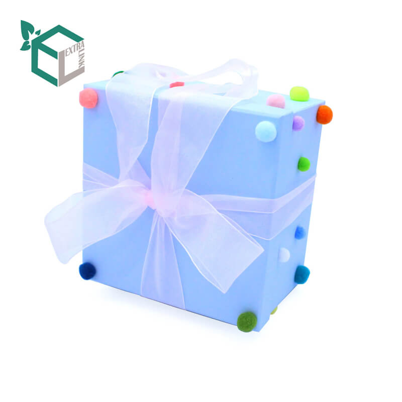 Custom Ribbon Printing Cardboard Square Blue Paper Gift Packaging Box